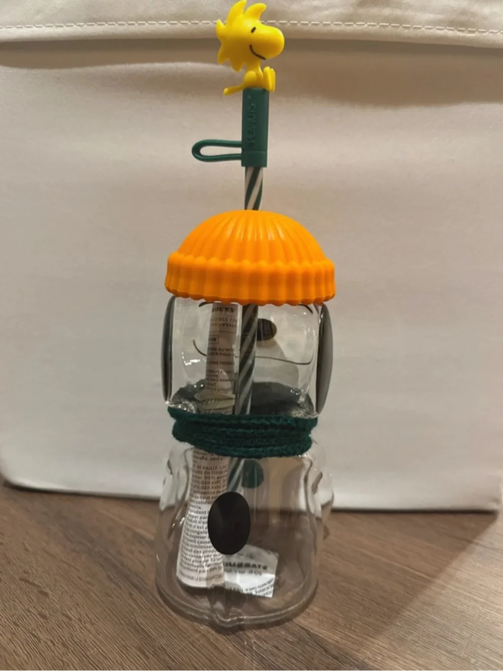 Starbucks Clear Glass Snowman Ornament with Orange Hat & Green Scarf